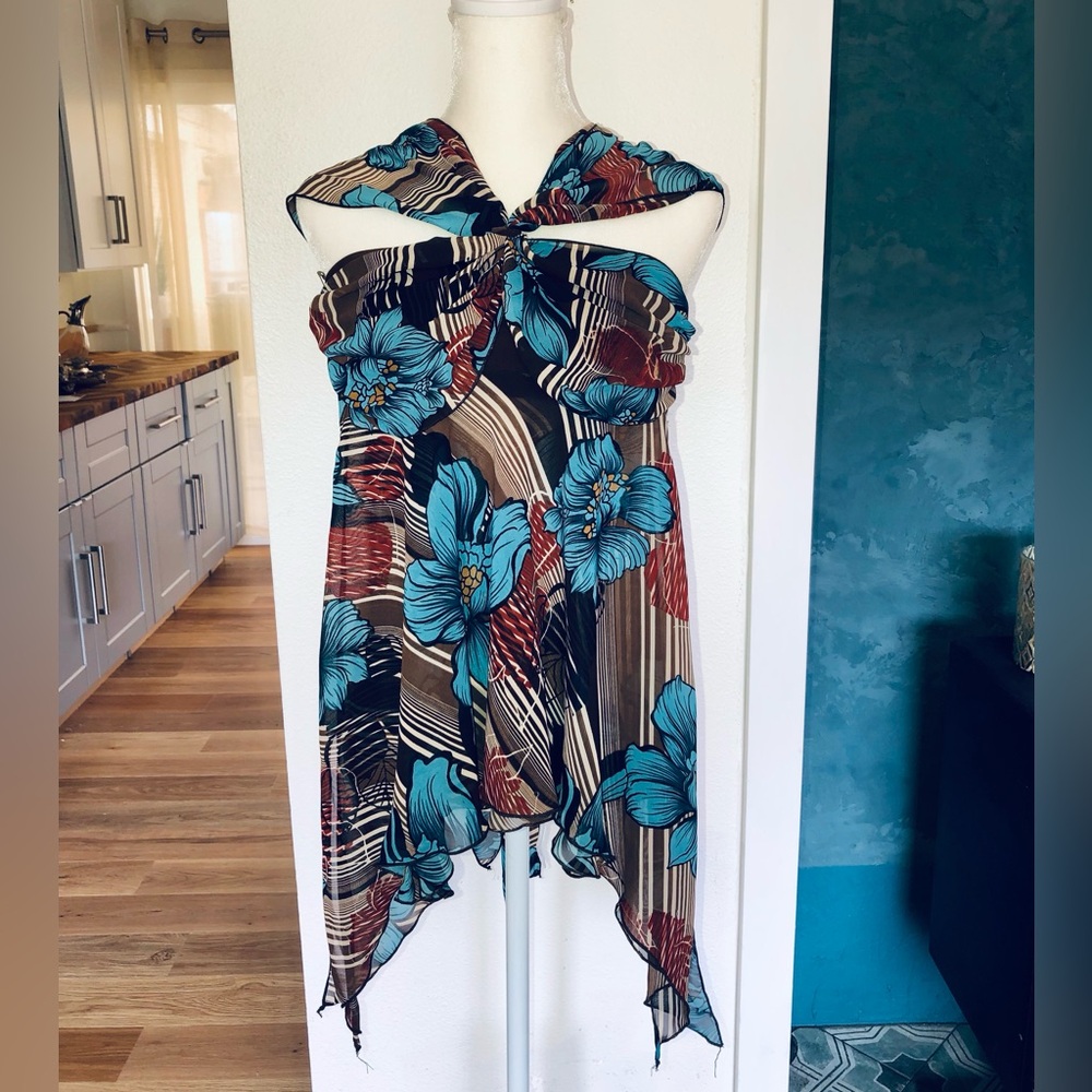 Tropical Floral Halter Scarf Dress in Teal & Brown